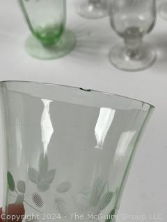 Nine (9) Etched Crystal Clear and Green Glass Goblets