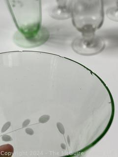 Nine (9) Etched Crystal Clear and Green Glass Goblets