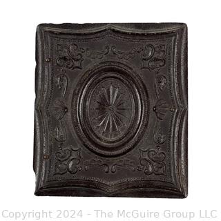 Sixth Plate Daguerreotype Photograph of Man in Hat in Ornate Victorian Gutta Percha Union Case with Velvet Surround. Measures 2.5 x 3"