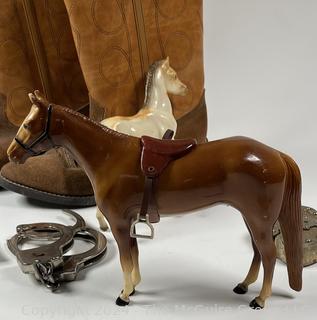 Cowboy Collection Including Boys Wrangler Boots (Size 5E), Toy Horses, Rodeo Cap Gun, Smith and Wesson and Peerless Handcuffs (no keys), and Hubley Paddle Lock Toy Cap Gun (no key)