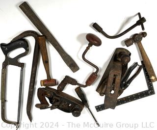 Hand Tools Including Wood Planes, Hammers, Saw, Wood Brace, Ruler, Pry Bar, etc