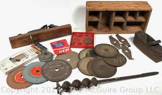 Hand Tools Including Wooden Storage Box, Grinding Wheels, Wood Drill, 2 Wood Planes, Stanley Planer Rule & Level Co. & Wood Base 