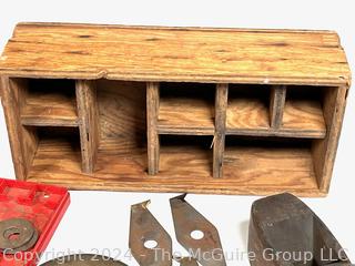 Hand Tools Including Wooden Storage Box, Grinding Wheels, Wood Drill, 2 Wood Planes, Stanley Planer Rule & Level Co. & Wood Base 