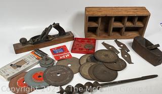 Hand Tools Including Wooden Storage Box, Grinding Wheels, Wood Drill, 2 Wood Planes, Stanley Planer Rule & Level Co. & Wood Base 