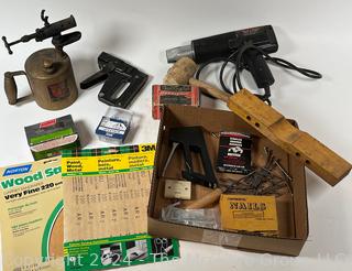 Hand Tools Including Turner Blow Torch, Sandpaper, Heat Gun, Nails & Staple Guns