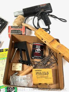 Hand Tools Including Turner Blow Torch, Sandpaper, Heat Gun, Nails & Staple Guns