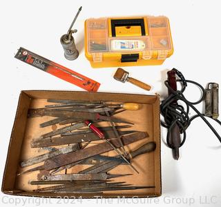 Hand Tools Including Box of Files, Plastic Tool Box, Electric Soldering Iron, Pump Oiler and Wooden Roller