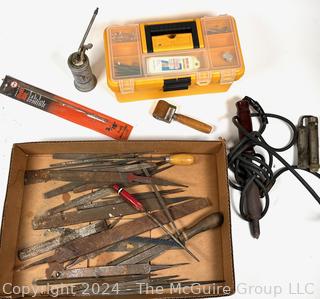 Hand Tools Including Box of Files, Plastic Tool Box, Electric Soldering Iron, Pump Oiler and Wooden Roller