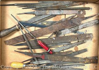 Hand Tools Including Box of Files, Plastic Tool Box, Electric Soldering Iron, Pump Oiler and Wooden Roller