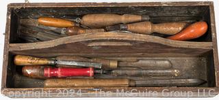 Hand Tools: Vintage Wooden Tray with Wood Turning (Lathe) Chisels 