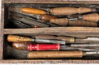 Hand Tools: Vintage Wooden Tray with Wood Turning (Lathe) Chisels 