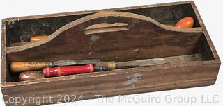 Hand Tools: Vintage Wooden Tray with Wood Turning (Lathe) Chisels 