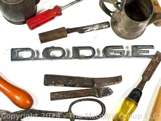 Hand Tools and Kitchen Items Including Dodge Car Script and Address Numbers