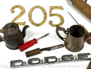 Hand Tools and Kitchen Items Including Dodge Car Script and Address Numbers