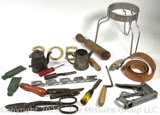 Hand Tools and Kitchen Items Including Dodge Car Script and Address Numbers