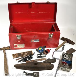 Hand Tools in Red Metal Tool Box Including Hammer Heads, Wood Plane Blade, Hole Saw, Drill Pump, Wood Rasp, Etc.