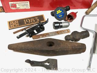 Hand Tools in Red Metal Tool Box Including Hammer Heads, Wood Plane Blade, Hole Saw, Drill Pump, Wood Rasp, Etc.