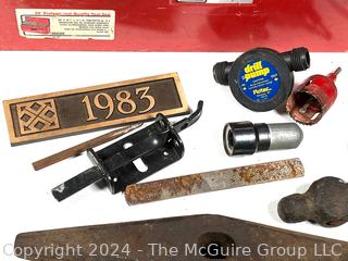 Hand Tools in Red Metal Tool Box Including Hammer Heads, Wood Plane Blade, Hole Saw, Drill Pump, Wood Rasp, Etc.