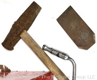 Hand Tools in Red Metal Tool Box Including Hammer Heads, Wood Plane Blade, Hole Saw, Drill Pump, Wood Rasp, Etc.