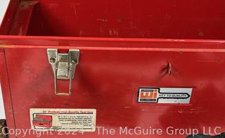 Hand Tools in Red Metal Tool Box Including Hammer Heads, Wood Plane Blade, Hole Saw, Drill Pump, Wood Rasp, Etc.