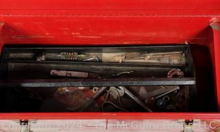 Hand Tools in Red Metal Tool Box Including Hammer Heads, Wood Plane Blade, Hole Saw, Drill Pump, Wood Rasp, Etc.