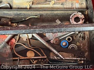 Hand Tools in Red Metal Tool Box Including Hammer Heads, Wood Plane Blade, Hole Saw, Drill Pump, Wood Rasp, Etc.