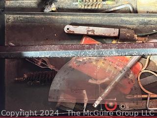 Hand Tools in Red Metal Tool Box Including Hammer Heads, Wood Plane Blade, Hole Saw, Drill Pump, Wood Rasp, Etc.