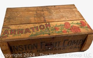 Vintage Wooden Stenciled Box with Front Hinged Door. Measures 20w x 13.5d x 7h"