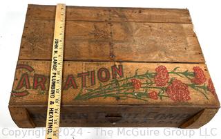 Vintage Wooden Stenciled Box with Front Hinged Door. Measures 20w x 13.5d x 7h"