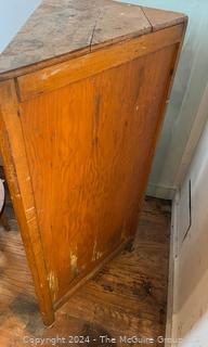 Primitive Pine Two Door Corner Cabinet. Measures 31.5w x 22d x 42.5h"