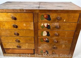 12 Drawer Wooden Parts Cabinet. Measures 27w x 15d x 18h"