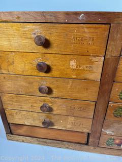 12 Drawer Wooden Parts Cabinet. Measures 27w x 15d x 18h"