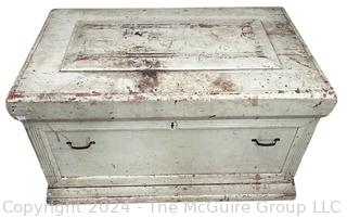 Large Wooden Tool Box with Original Paint and Inner Shelf. 36w x 22d x 21h"