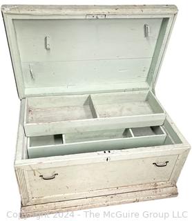 Large Wooden Tool Box with Original Paint and Inner Shelf. 36w x 22d x 21h"