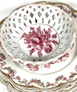 Haviland Limoges Double Gold Trim Dinner Set in Rose Swags Pattern made for E.B.Taylor, Richmond Virginia 