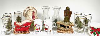 Group of Christmas Decor Including Glassware & Tumblers