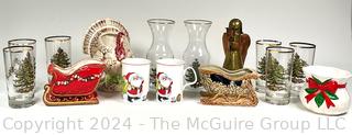 Group of Christmas Decor Including Glassware & Tumblers