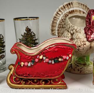 Group of Christmas Decor Including Glassware & Tumblers