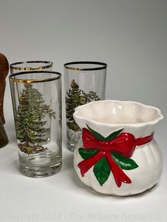 Group of Christmas Decor Including Glassware & Tumblers