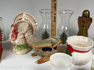 Group of Christmas Decor Including Glassware & Tumblers