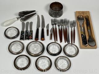 Collection of Mid Century Teak Handle Flatware, Coasters, Etc.