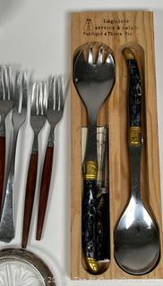 Collection of Mid Century Teak Handle Flatware, Coasters, Etc.