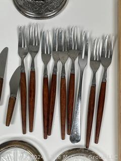 Collection of Mid Century Teak Handle Flatware, Coasters, Etc.