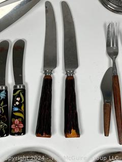 Collection of Mid Century Teak Handle Flatware, Coasters, Etc.