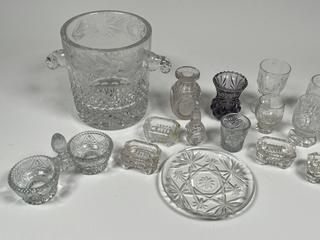 Clear Cut Crystal Ice Bucket, Salt Cellars and Serving Pieces