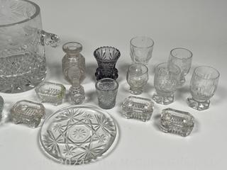 Clear Cut Crystal Ice Bucket, Salt Cellars and Serving Pieces