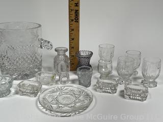 Clear Cut Crystal Ice Bucket, Salt Cellars and Serving Pieces