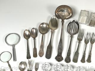 Silver Plate Flatware, Napkin Rings, Candle Holders, Crystal Knife Rest, Etc. Some items found while building Alexandria Square in the 1960's