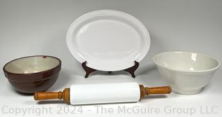 Ceramic Kitchenware Including Mixing Bowls, Pastry Roller and Platter.