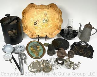 Collection of Primitive Kitchen Ware Including Ritter Ice Cream Maker, Tole Painted Tray, Cookie Cutters, Enamel Graniteware